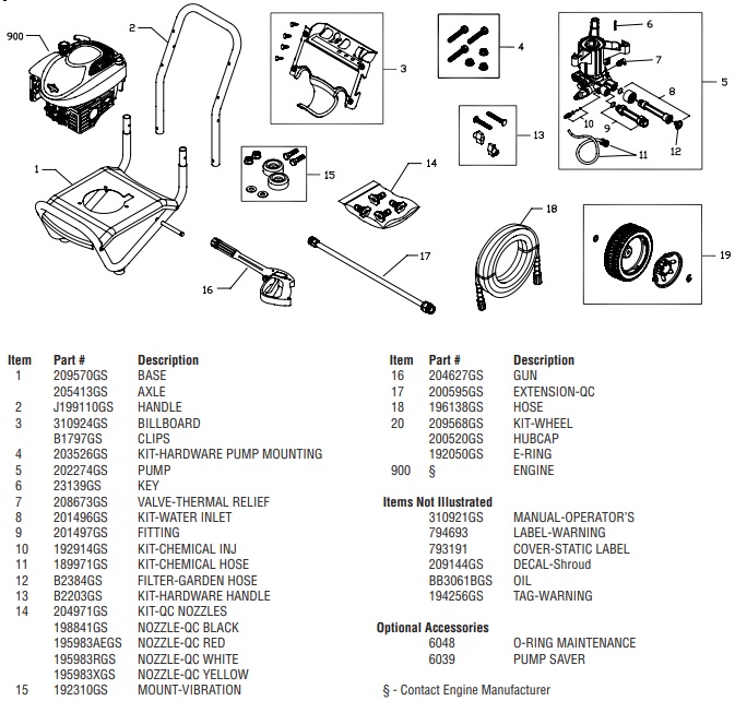 Briggs & Stratton pressure washer model 020419-1 replacement parts, pump breakdown, repair kits, owners manual and upgrade pump.